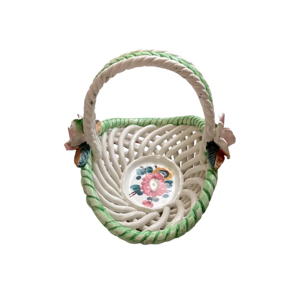 Porcelain Woven Basket Accent Decor Rose and Flowers Cottagecore Vintage Dainty